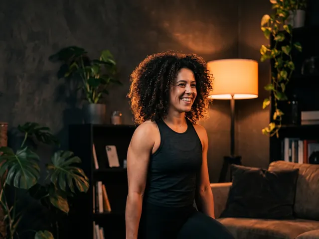 A woman doing a dumbbell lunge at home in a warm living room