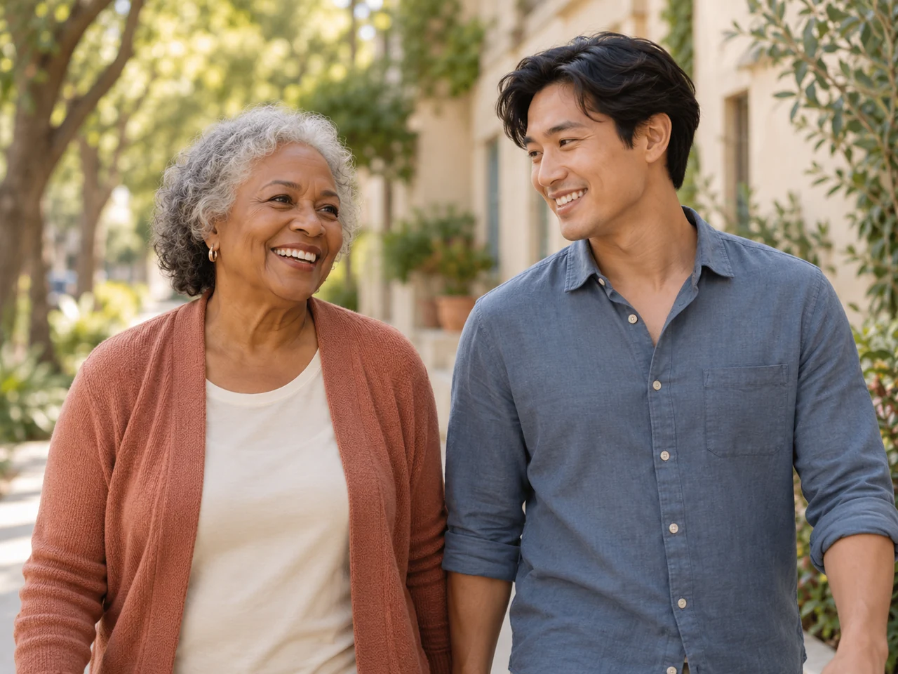 An older woman and a younger man smiling as they walk along a leafy neighborhood path