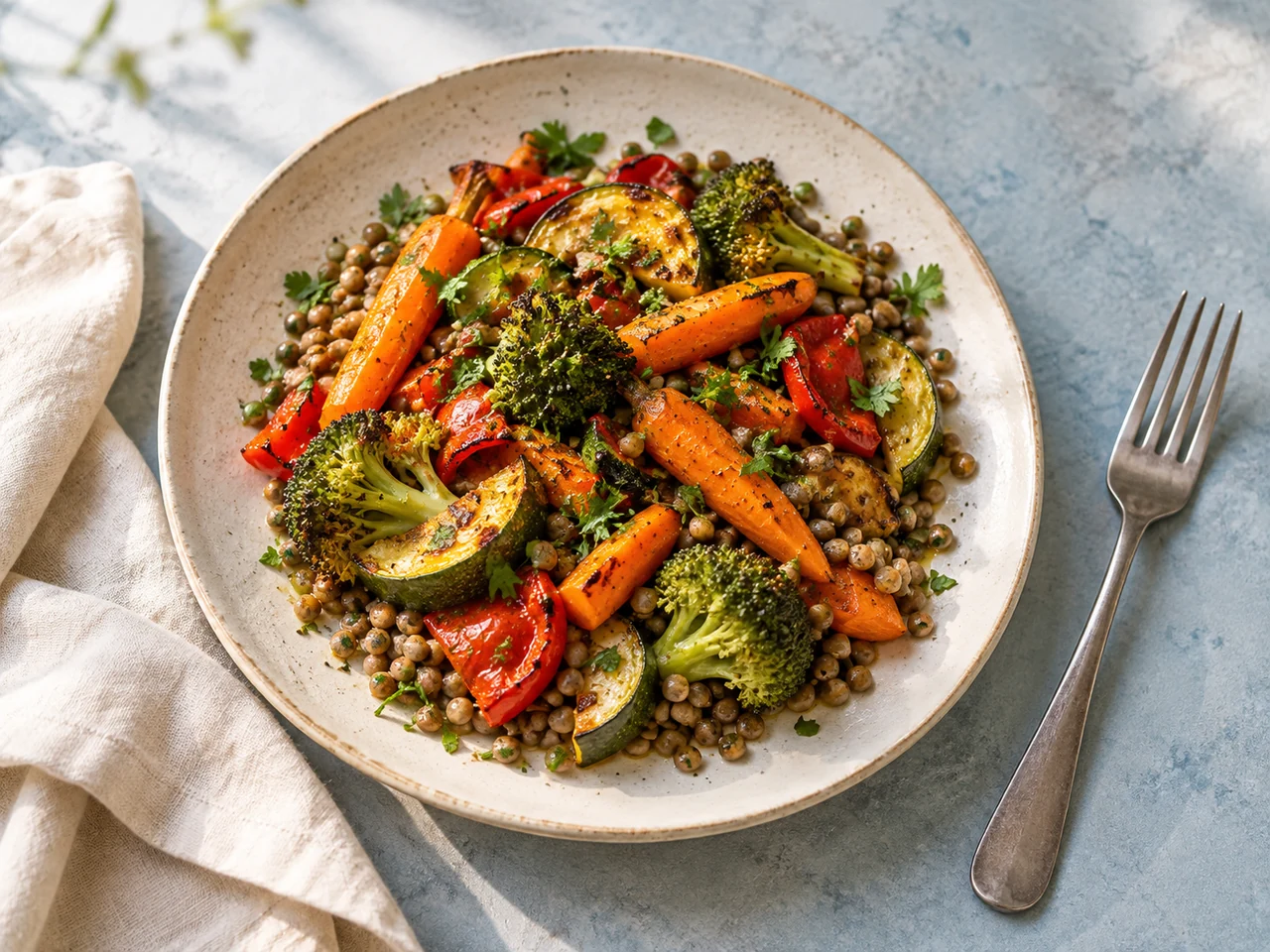 A plate of lentils and roasted vegetables on a pale blue table