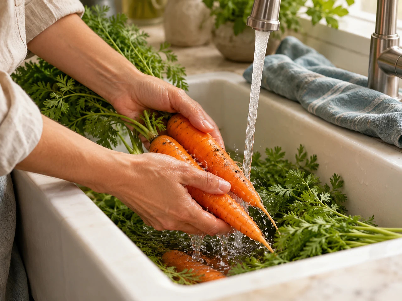 Hands washing fresh carrots and leafy greens in a kitchen sink