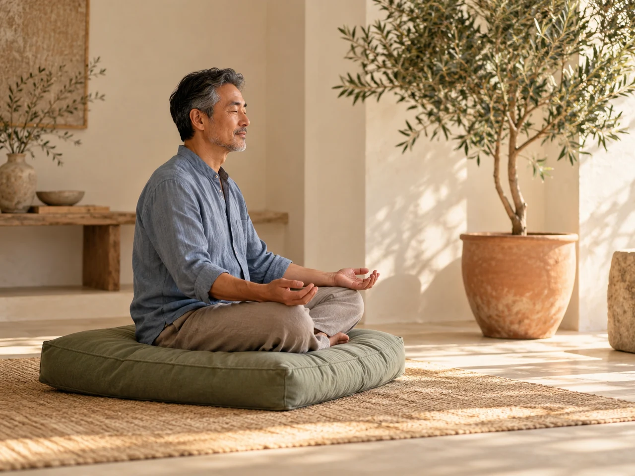 A man seated on a floor cushion beside an indoor olive tree