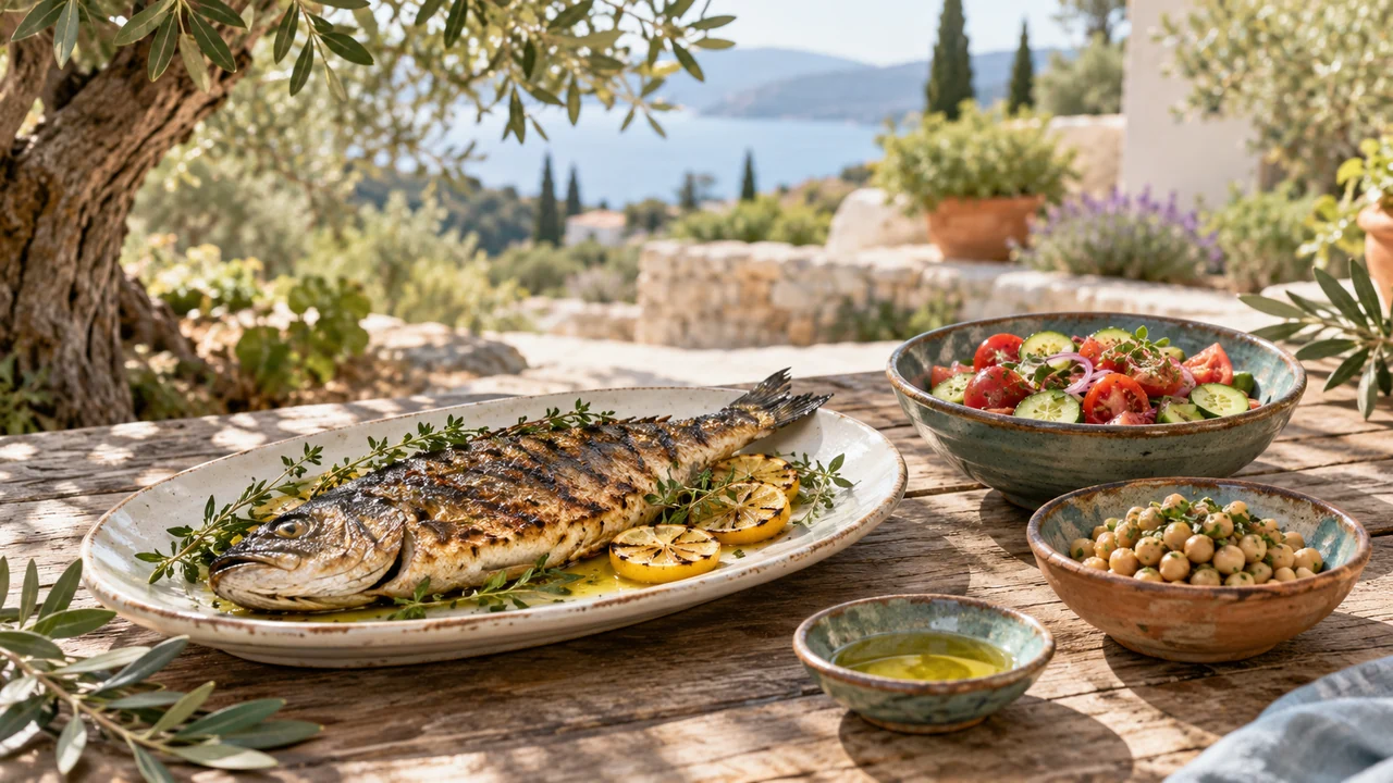 Grilled fish, tomato salad, chickpeas and olive oil on an outdoor table