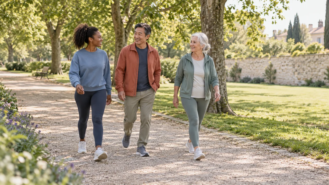 Three adults of different ages walking together along a park path