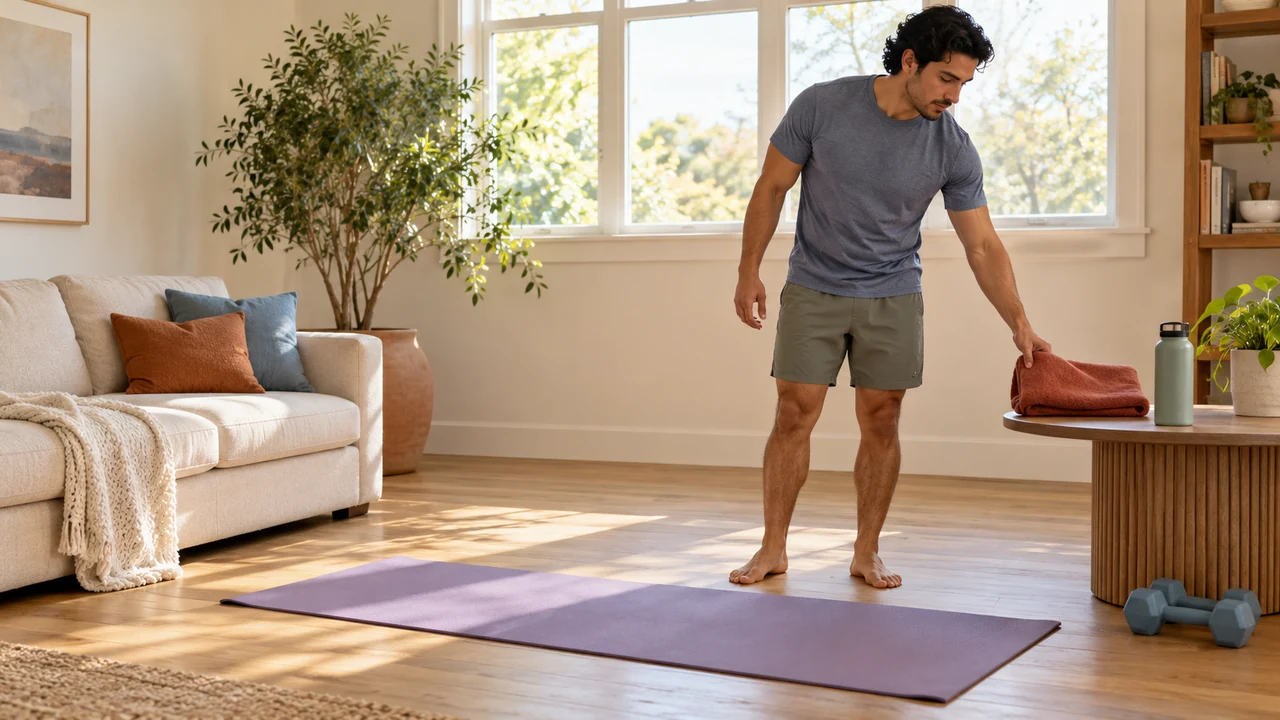 A man preparing a clear living-room space with a mat and light dumbbells