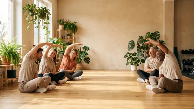 A group of smiling adults of different ages stretching together on the floor of a bright, plant-filled studio