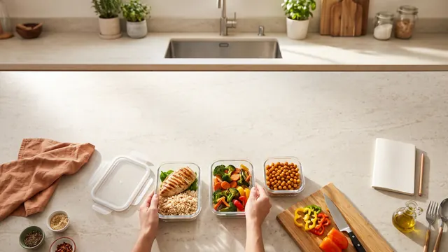 Hands filling glass meal-prep containers with chicken, rice, vegetables and chickpeas on a kitchen counter