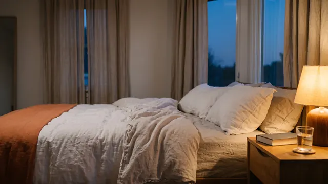 A calm bedroom at dusk with a made bed, a warm bedside lamp, a book and a glass of water