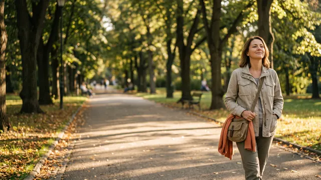 A woman smiling softly on a slow walk along a tree-lined park path in golden light