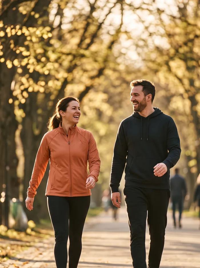 Two adults laughing during a brisk walk on a tree-lined park path