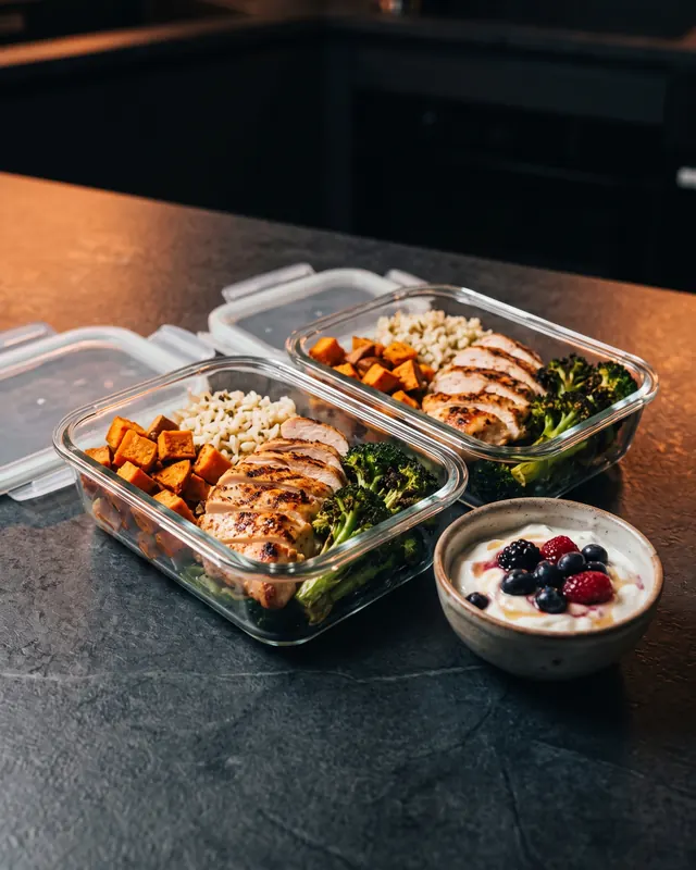 Prepared meals in glass containers beside a bowl of yogurt and berries