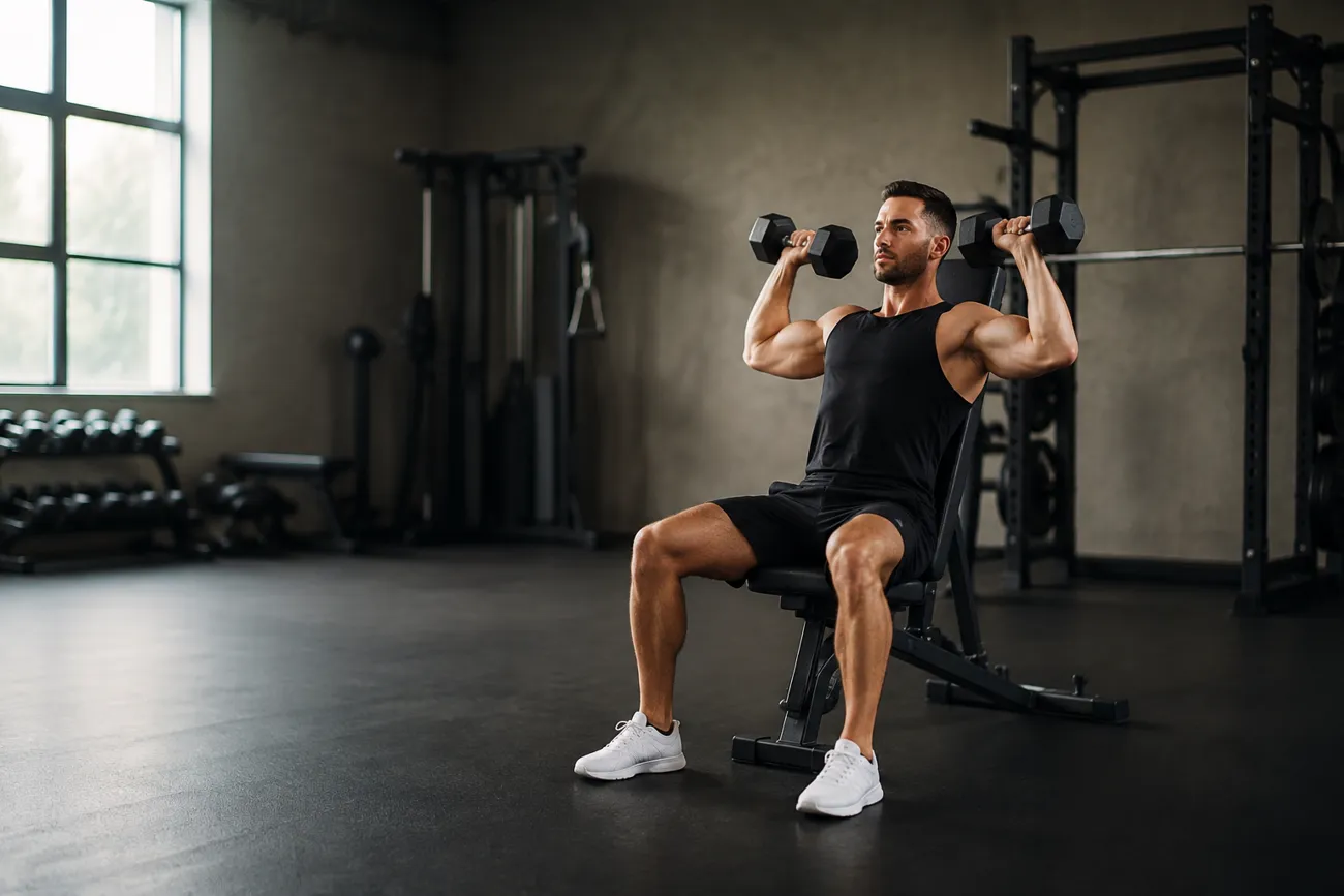 An athlete pressing dumbbells while seated