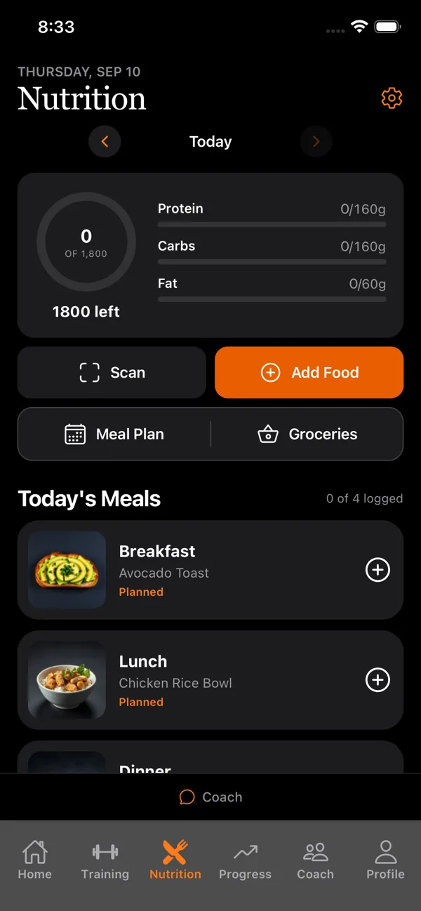 LiftIQ Nutrition screen with today's meals
