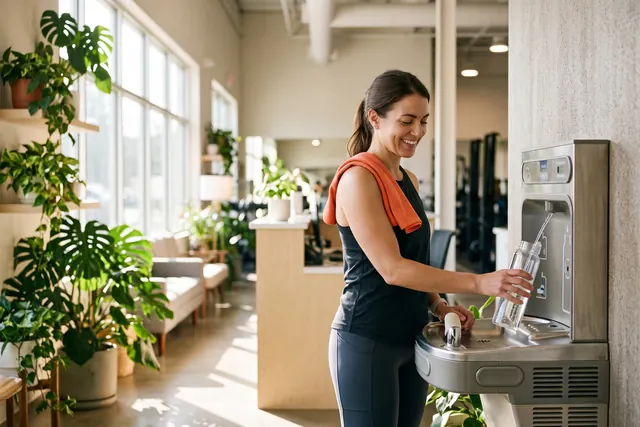 A smiling woman refilling a reusable water bottle at a gym water station