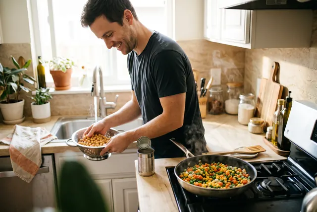 A smiling man rinsing canned chickpeas at the sink while frozen vegetables cook on the stove