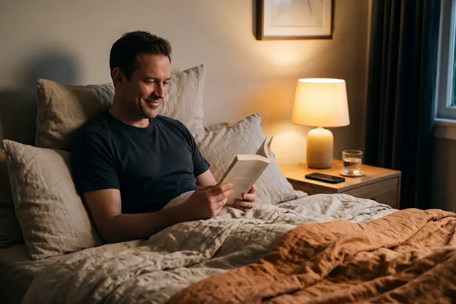 A man smiling as he reads a book in bed under a warm lamp, his phone set aside
