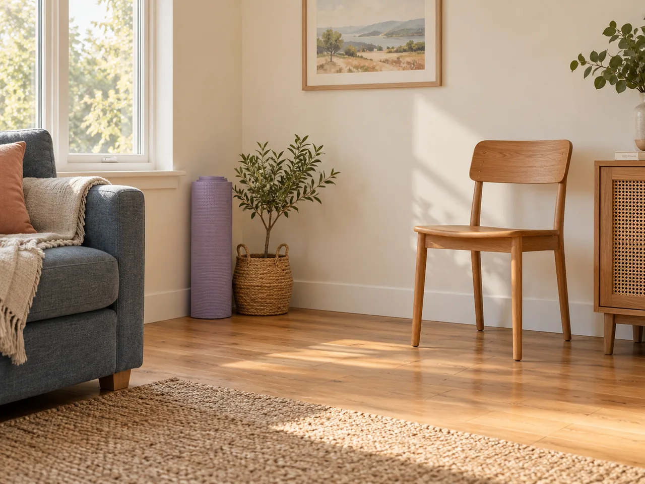 A clear corner of a small living room with a stable armless chair and a neatly rolled mat