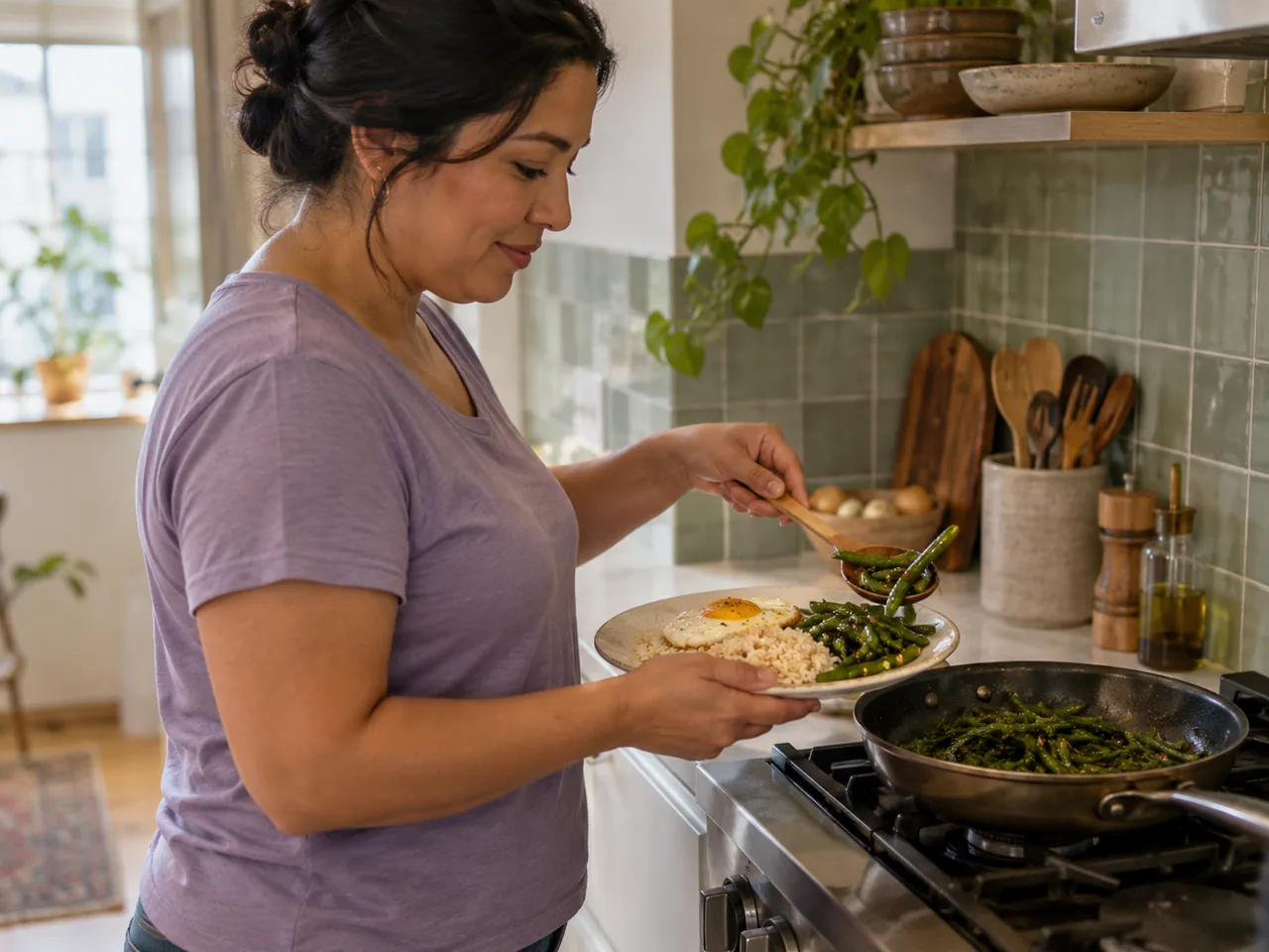A woman adding green beans to a plate of rice and egg at her kitchen stove.