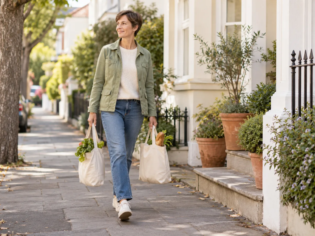 A woman carrying two light grocery bags along a residential sidewalk.