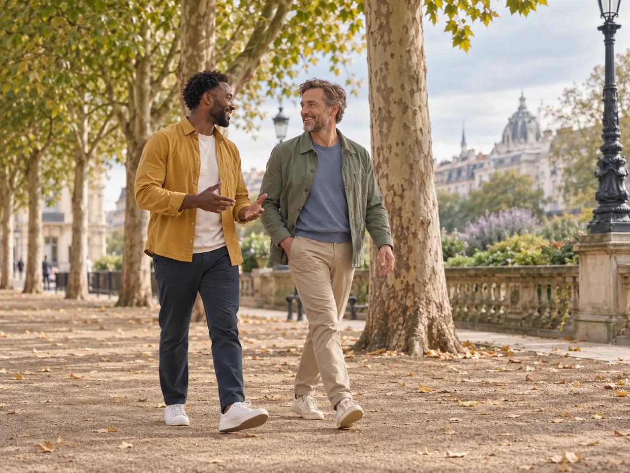 Two friends walk side by side under leafy trees, gentle candid conversation