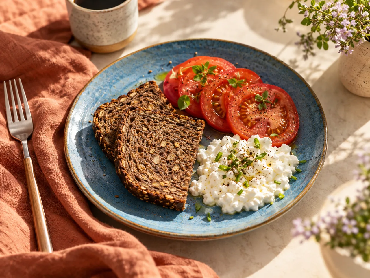 A varied breakfast of rye toast, sliced tomato and cottage cheese on a blue ceramic plate