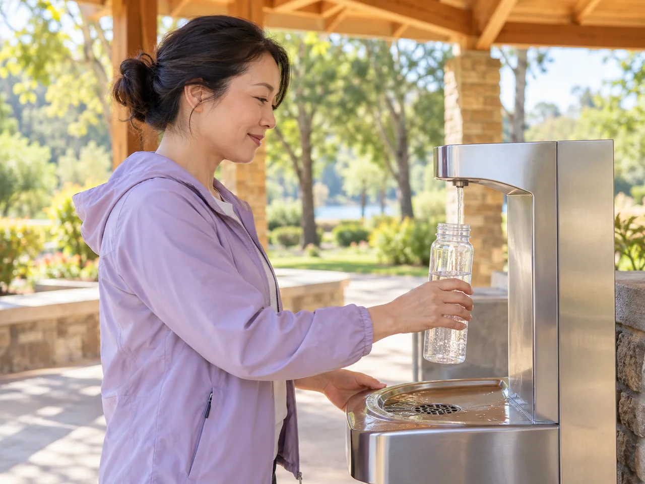 A woman refilling a water bottle at a public drinking-water fountain