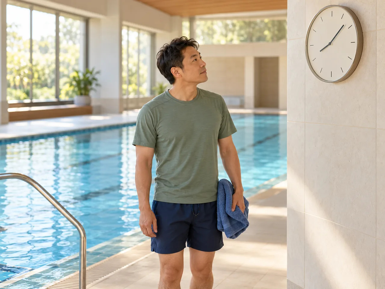 A man with a towel checking a wall clock beside an indoor swimming pool.