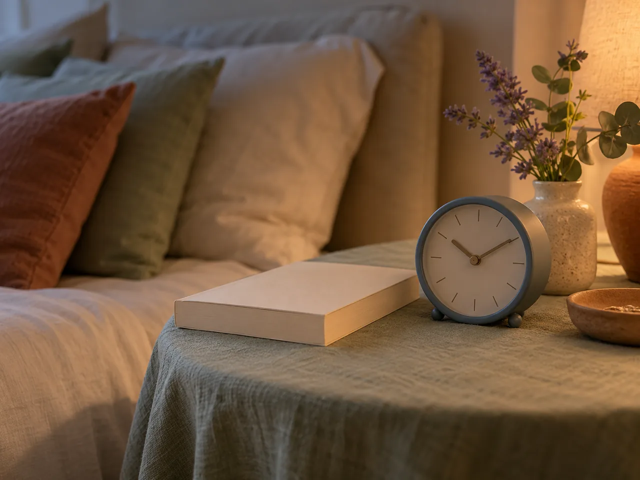 A muted linen-covered bedside table holding a paperback and an analog clock with no emphasized time