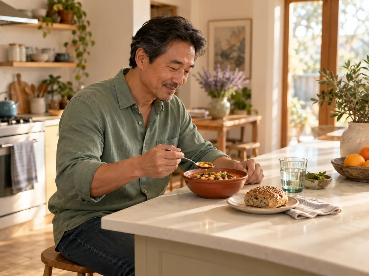 A man sits down to a simple bean soup and wholegrain roll at a kitchen island