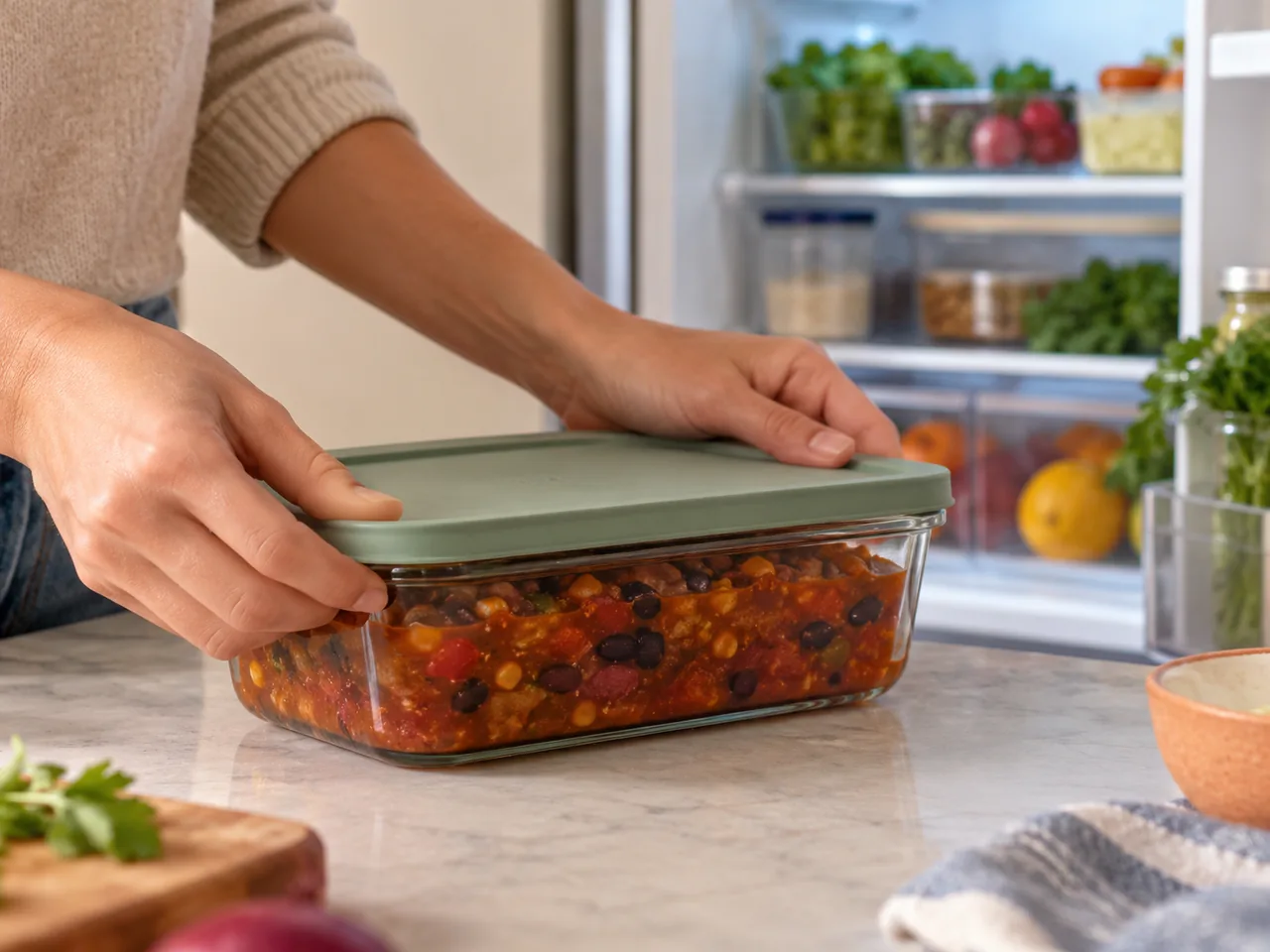 A hand seals a shallow container of vegetable chili before putting it into a refrigerator