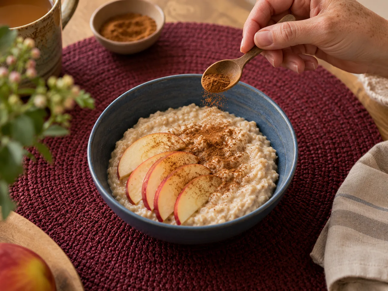 A hand sprinkling cinnamon over porridge topped with apple slices.
