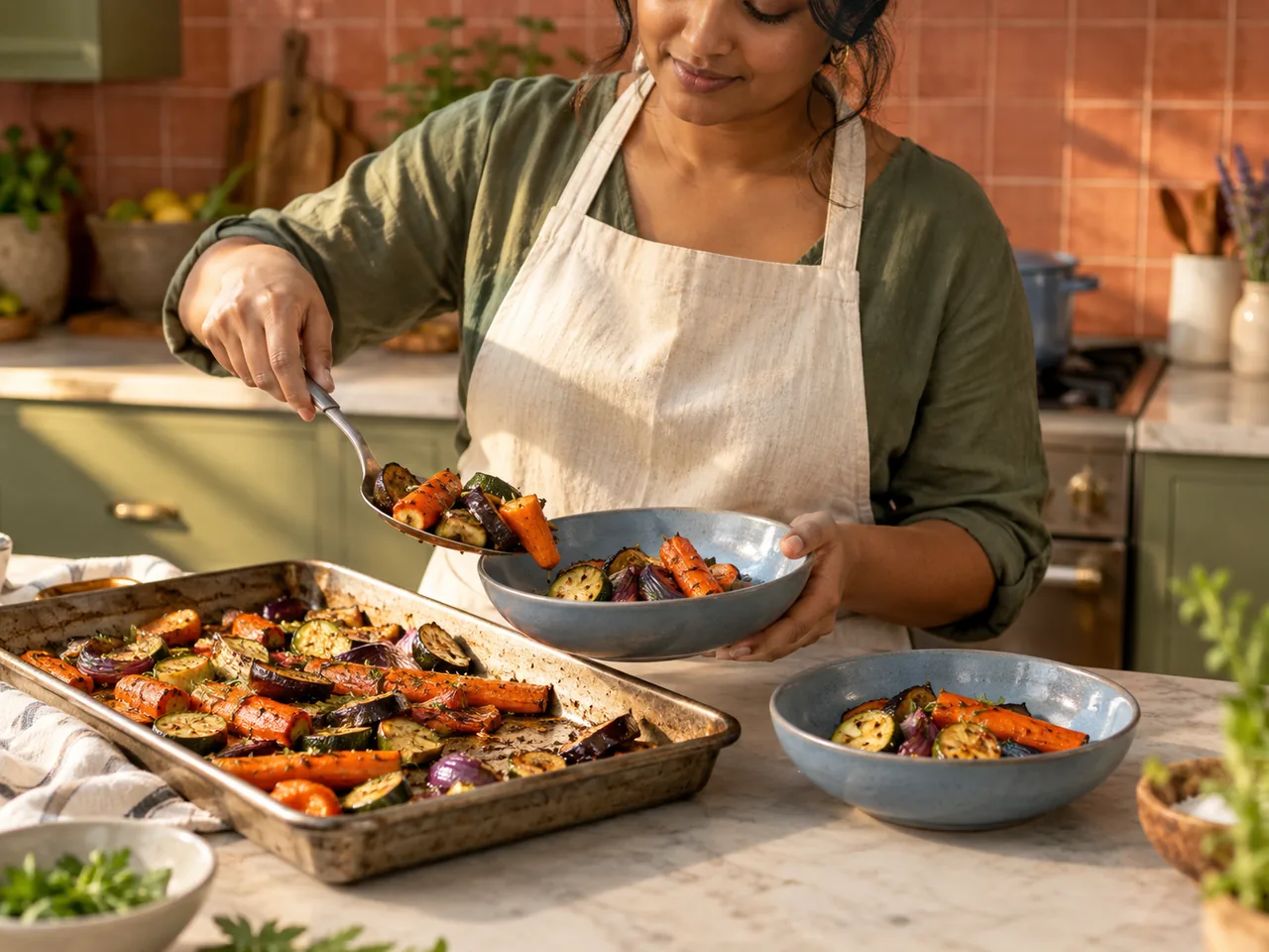 A cook portions a tray of baked vegetables into two ceramic dinner bowls