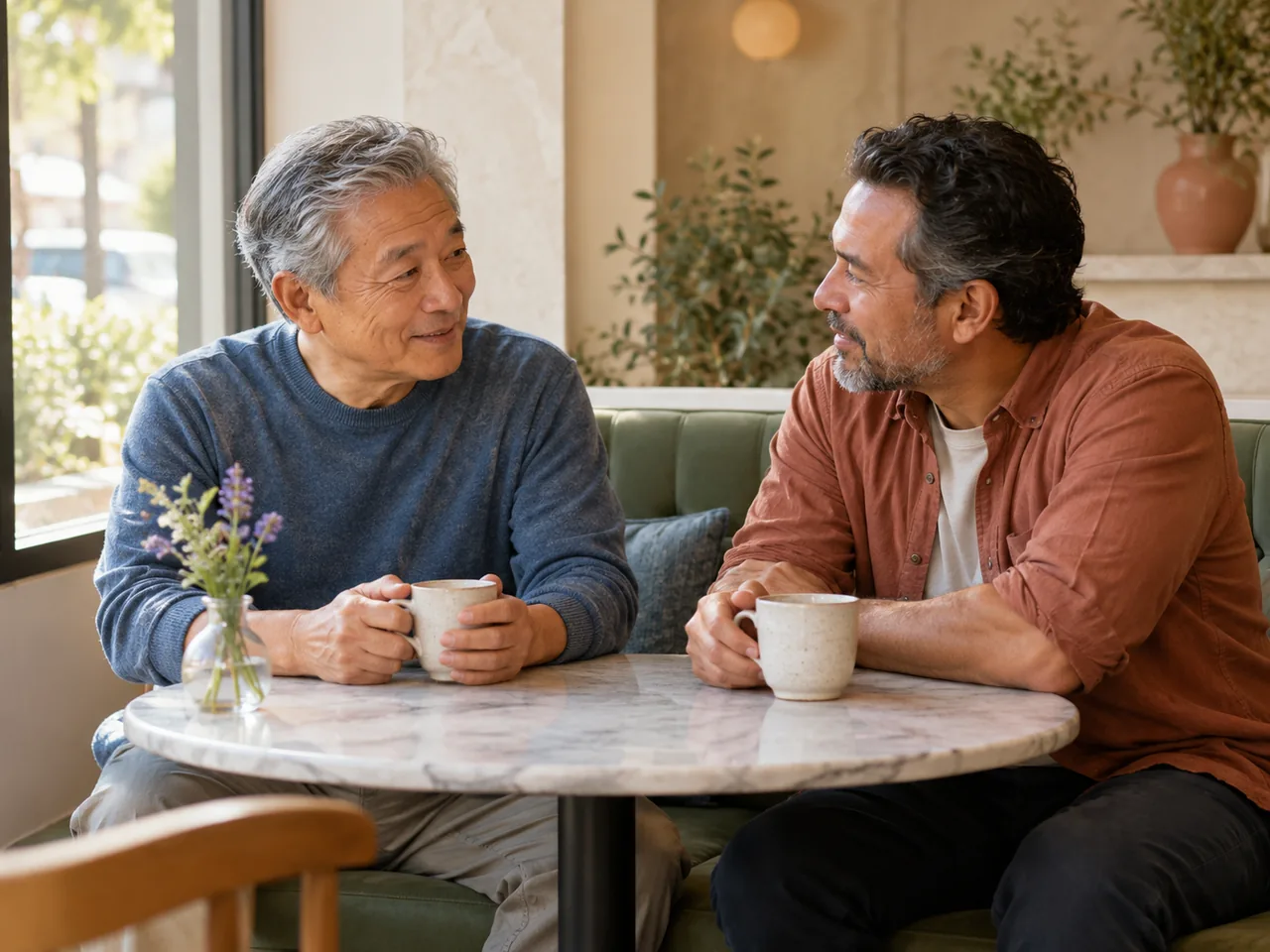 A man talks with a trusted friend at a small cafe table, warm documentary style