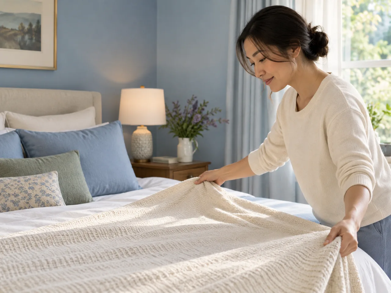 A person arranges a breathable blanket on a neatly made bed in a cool blue bedroom