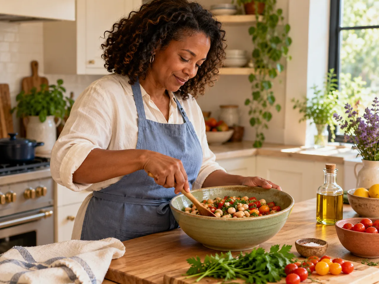 A home cook mixing white beans, tomatoes and herbs in a ceramic bowl