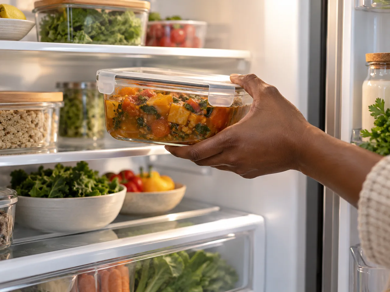 A hand lifting a closed container of vegetable stew from a refrigerator.