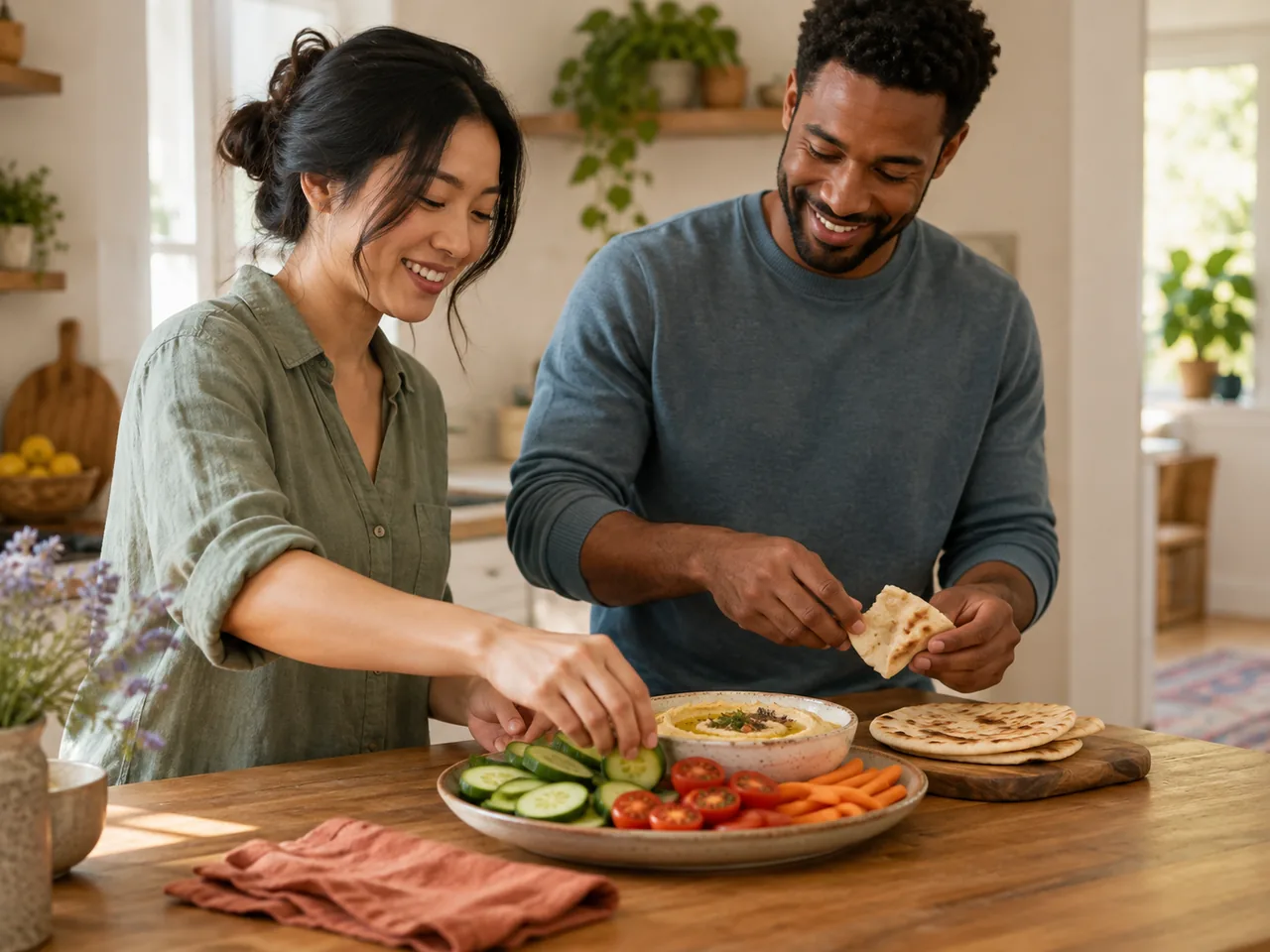 A couple assembles a simple no-cook dinner of hummus, flatbread and chopped vegetables