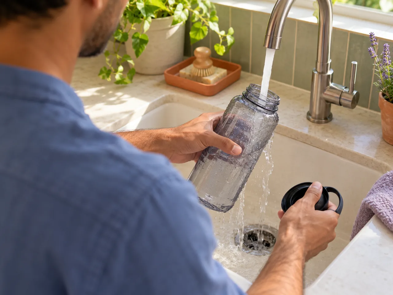 A man rinsing a reusable water bottle at a kitchen sink