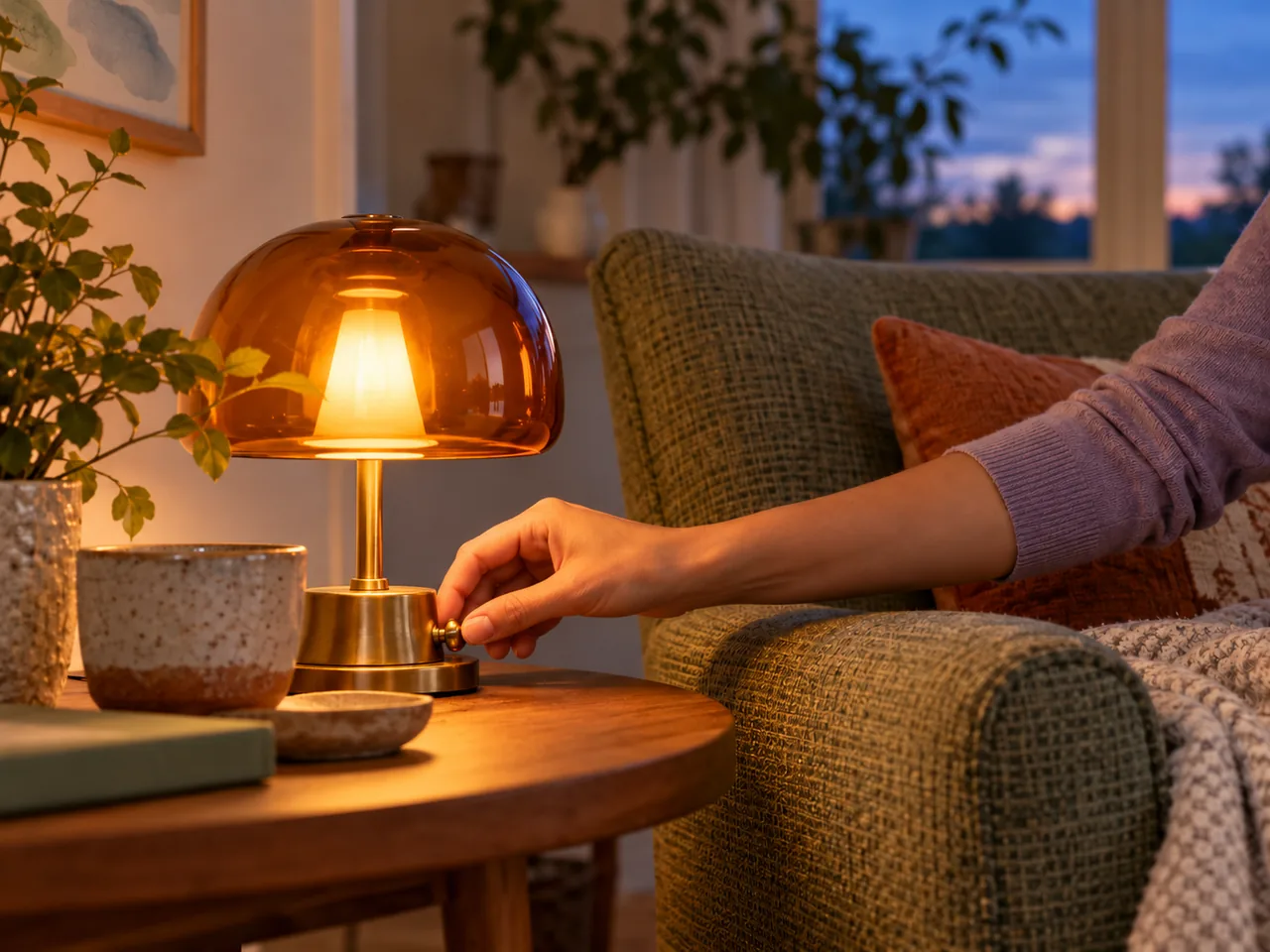A hand switching on an amber reading lamp beside an armchair