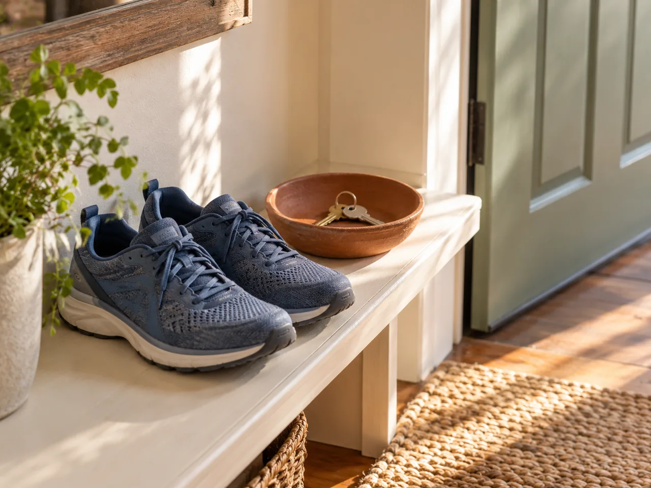 Walking shoes and a bowl of keys placed together near a front door.