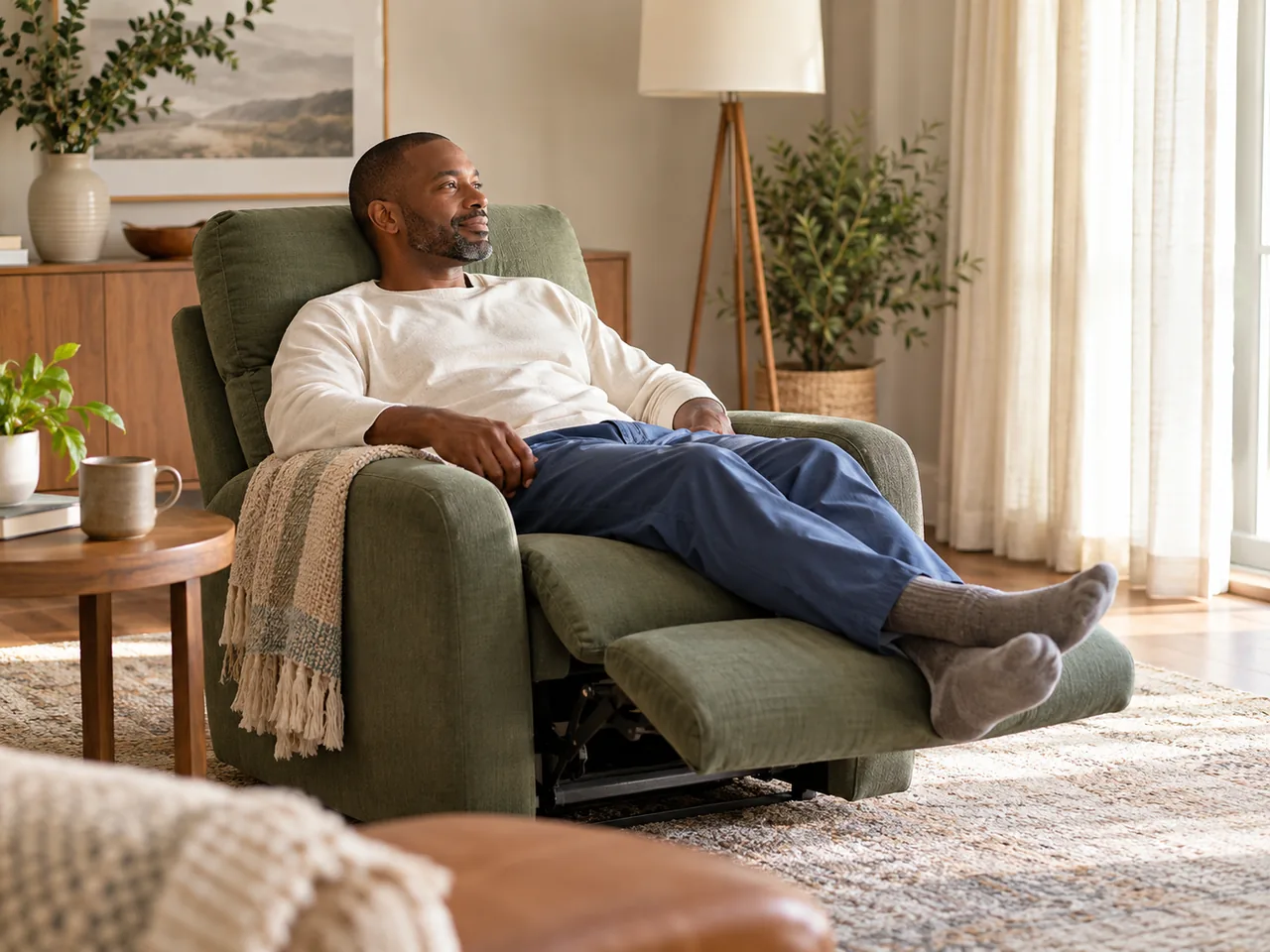 A man resting in a supported recliner near a bright window.