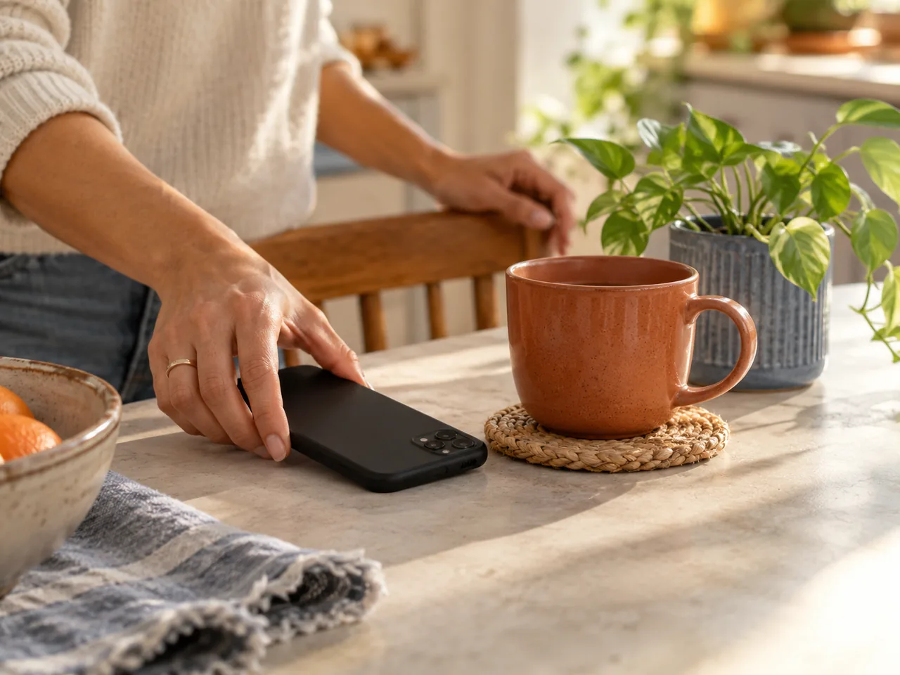 A close view of hands setting down a phone beside a cup and a small plant, taking a news break