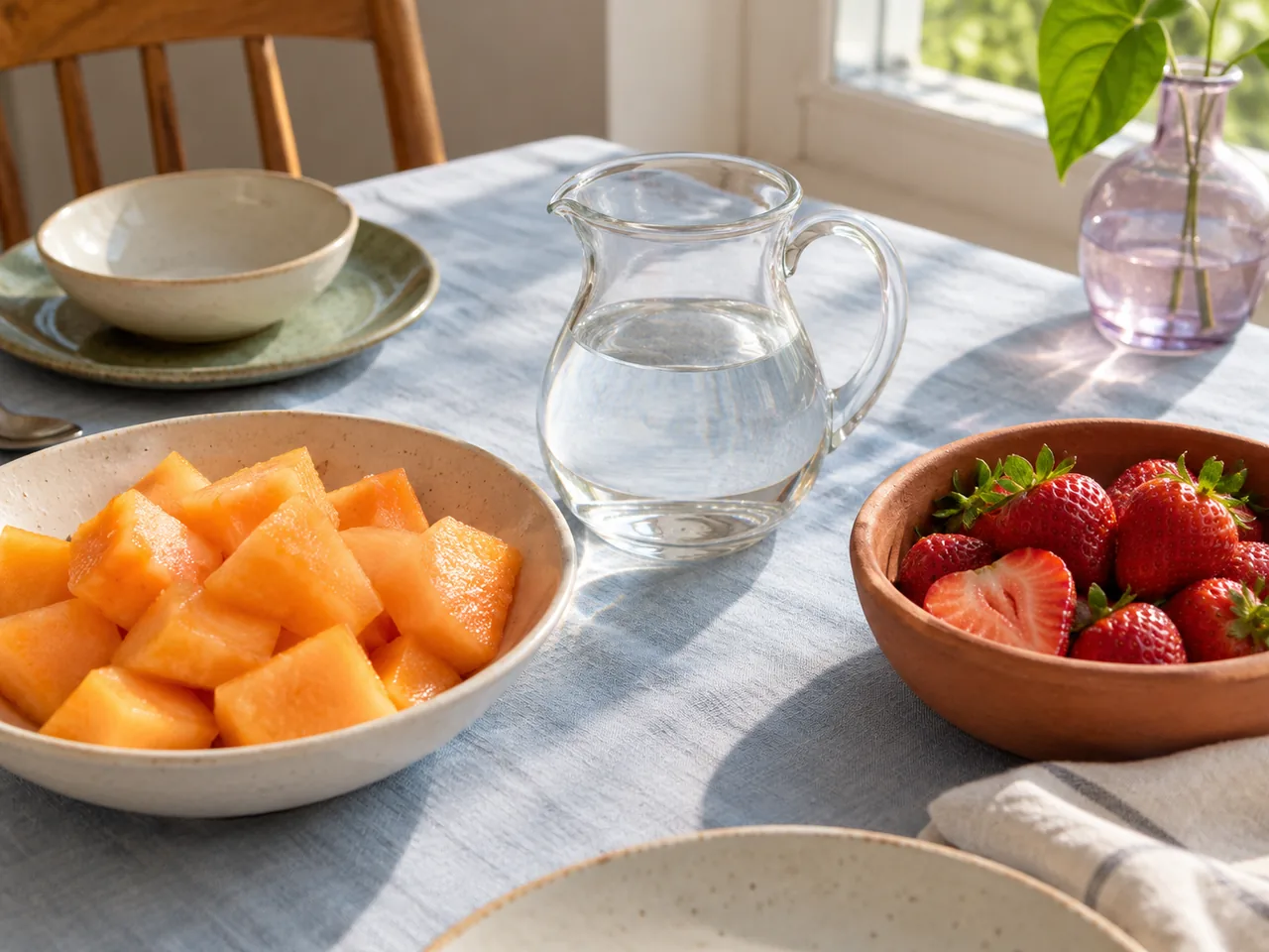 A jug of water beside bowls of melon and strawberries at breakfast