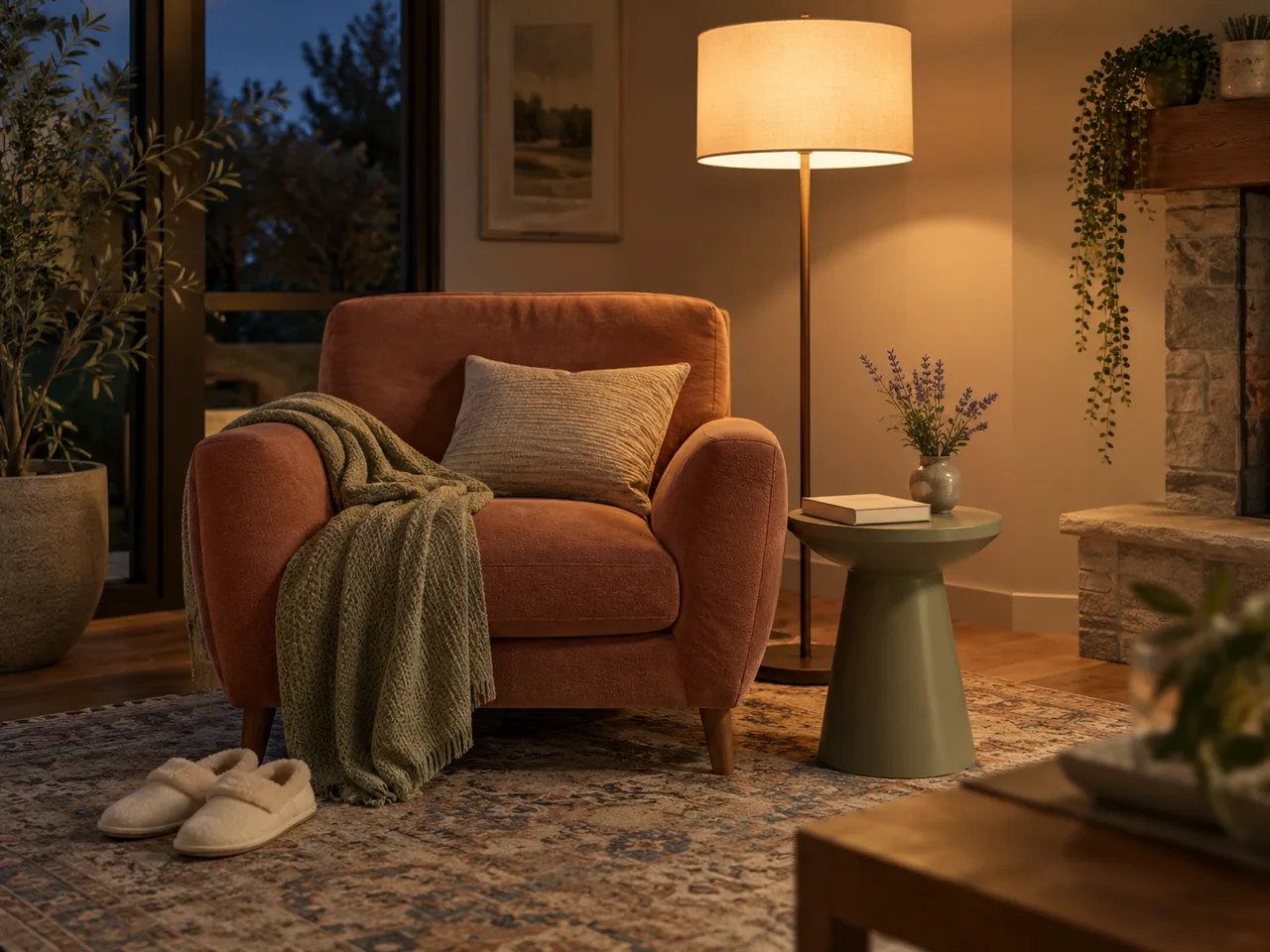 A quiet evening reading corner with a floor lamp and slippers, separate from the bedroom