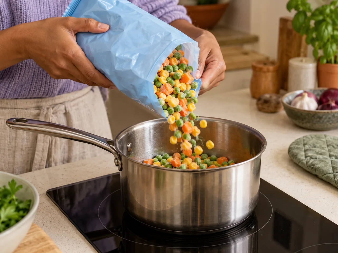 Hands pouring frozen mixed vegetables into a saucepan