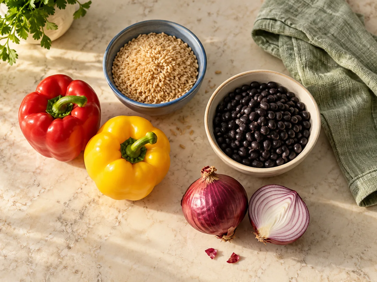 Peppers, rice, black beans and red onions arranged on a kitchen counter.