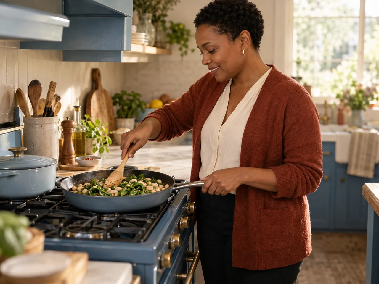 A woman in a cardigan cooking a quick bean-and-spinach meal.