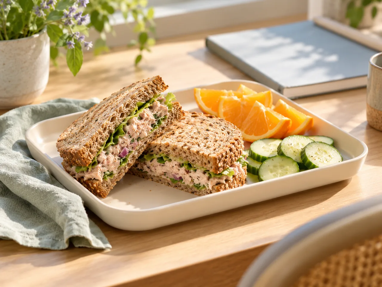 A modest lunch tray with a tuna sandwich, orange wedges and cucumber on a sunlit desk