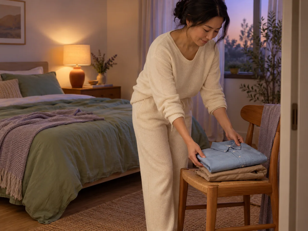 A woman placing neatly folded clothes on a chair for the next day