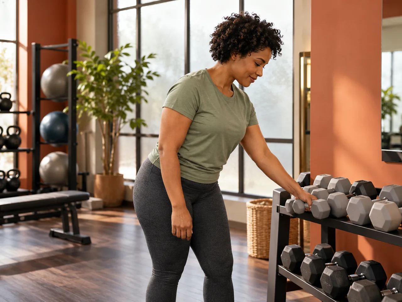 A woman in a sage top chooses a light dumbbell from a low rack, preparation rather than exercise instruction