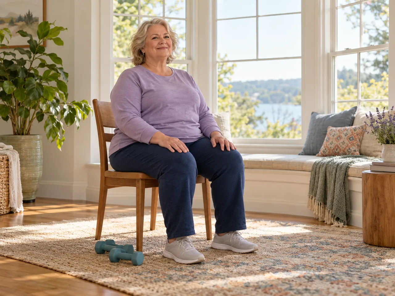A woman in comfortable clothing sits upright on a sturdy chair beside a pair of light weights